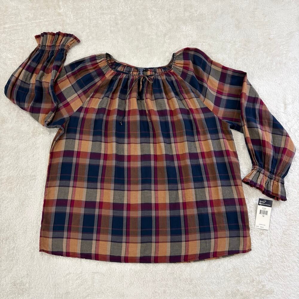 Chaps Womens 1X Plaid Peasant Blouse NWT Cotton Balloon Sleeve Boho Fall Top